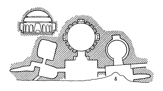 Бамиан. Гроты, II-V вв.: б — один из комплексов близ Малого Будды: план и разрез святилища