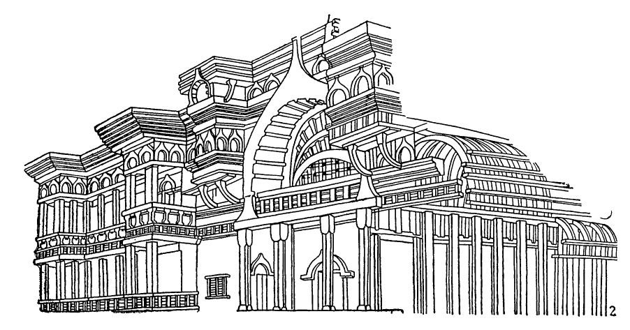 Монастырские комплексы, высеченные в скалах: 2 — Кондейн; чайтья, II в. до н. э.; реконструкция общего вида