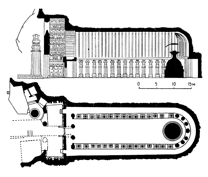Карли. Буддийский храм — чайтья, I в. до н. э., продольный разрез, план
