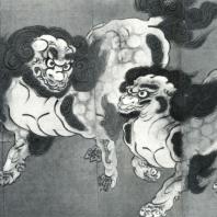 Кано Эйтоку. «Китайские львы». Роспись ширмы. Конец XVI в. Императорская коллекция, Токио