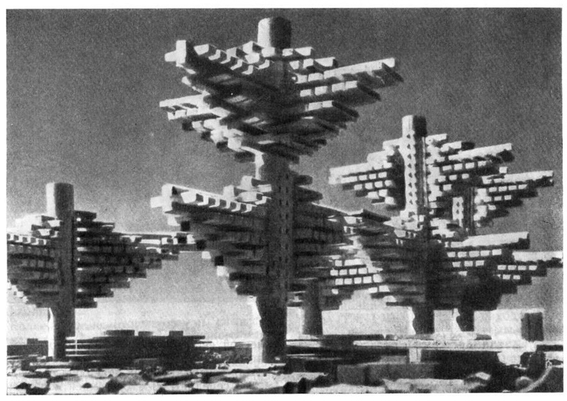 Проект новой градостроительной единицы-кластера, 1960 г. Арх. А. Исодзаки. Общий вид кластеров среди старой застройки (макет)