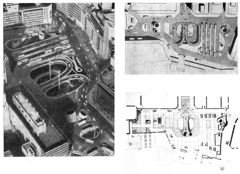 Токио. Площадь и подземная стоянка транспорта перед западным вокзалом Синдзюку, 1966 г. Арх. Дж. Сакакура. Общий вид, планы наземного и подзёмного уровня