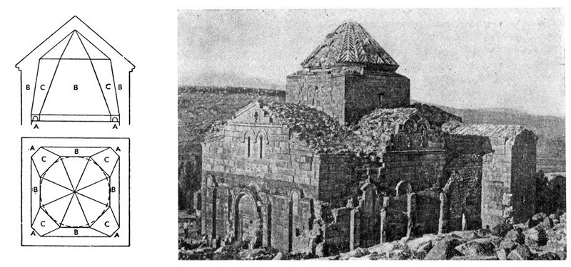 Текор. Церковь Саркиса. План и разрез купола (по Т. Тораманяну). Общий вид с юго-запада до разрушения 1912 г.