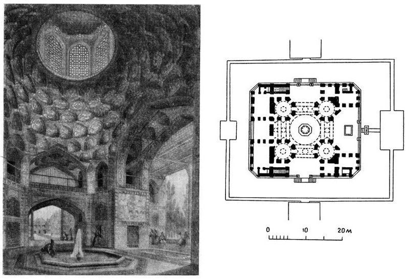 Исфахан. Дворцовый павильон Хашт-Бехишт, XVII в. План, внутренний вид
