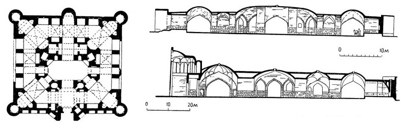 Караван-сарай Шебли к юго-востоку от Тебриза, XVII в. План, разрез