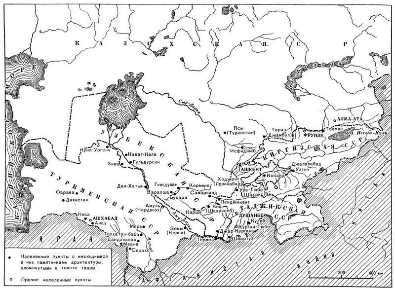 Карта населенных пунктов Средней Азии с памятниками архитектуры