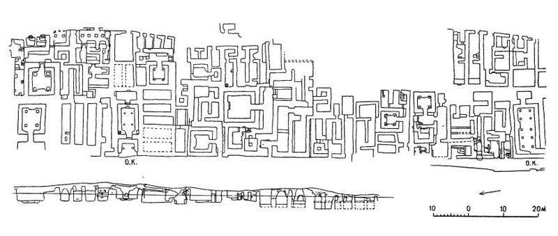 Древний Пенджикент. Жилой комплекс в восточной части шахристана. План, разрезы