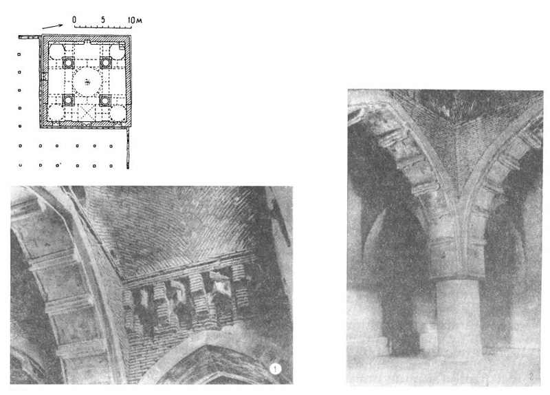 Селение Хазара. Бухарская область. Мечеть Деггарон, нач. XI в.: 1 — свод балхи; 2 — перекрытие центрального квадрата. План