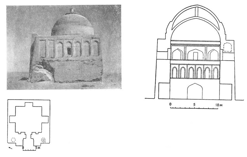 Меана (Туркменистан). Мавзолей Абу-Саида, XI в. Общий вид, разрез, план