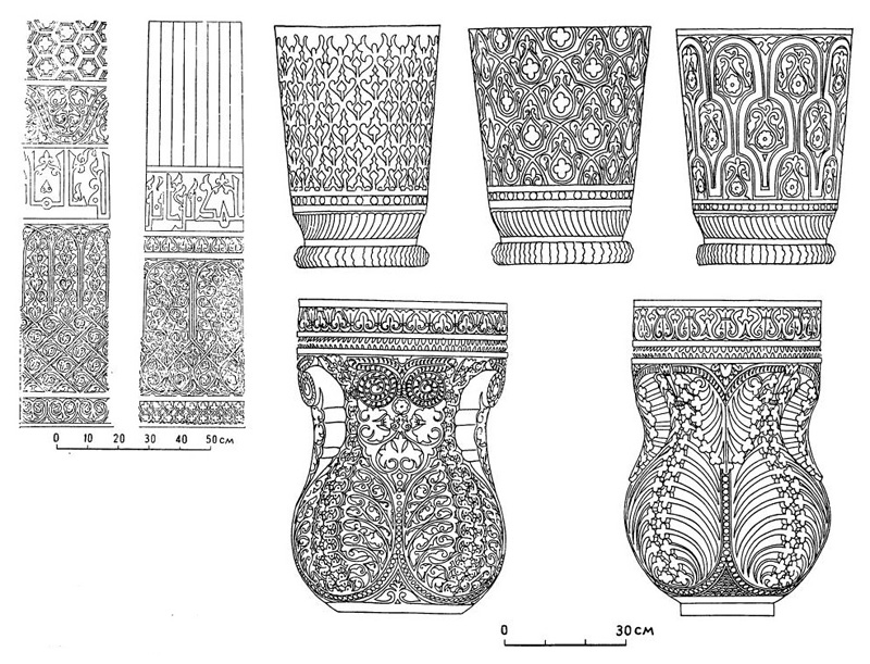 Хива. Джума-мечеть. Деревянные колонны, XI— XII вв. Капители, орнамент ствола колонн, базы