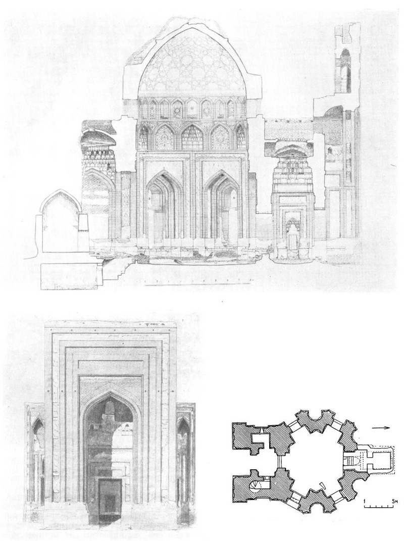 Куня-Ургенч. Мавзолей Тюрабек-ханым, XIV в. Продольный разрез, главный — южный фасад, план