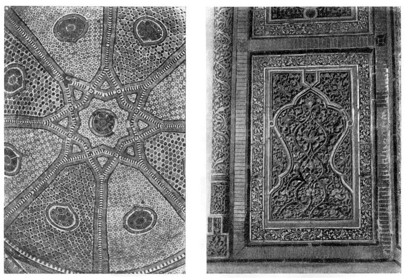 Самарканд. Ансамбль Шахи-Зинда. Мавзолей Туркан-ака, 1372 г. Внутренний вид купола, майоликовое панно щековой стены портальной ниши