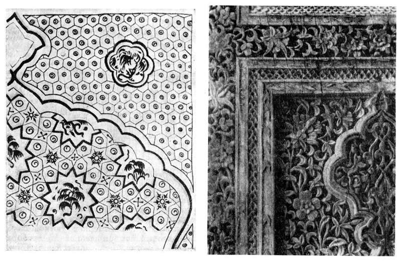 Шахрисябз. Мавзолей Гумбази-Сейидан, первая половина XV в. Фрагмент резной двери, фрагмент орнаментальной росписи