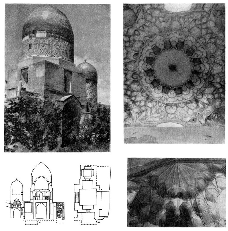Самарканд. Мавзолей Казы-заде-Руми, 30-е годы XV в. Общий вид, сталактитовый купол, разрез, план, ниша