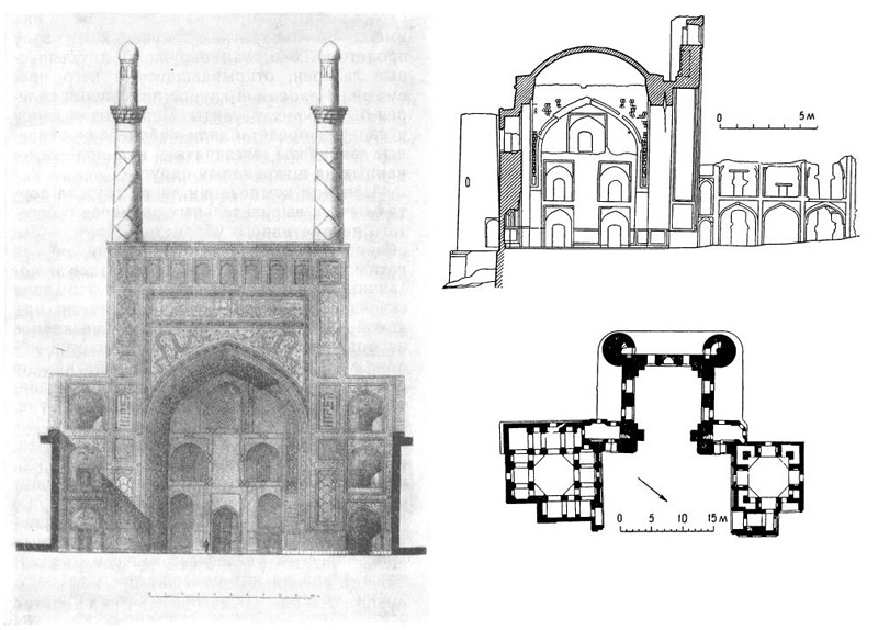 Анау. Мечеть, 1455—1456 гг. Реконструкция портала мечети, разрез, план