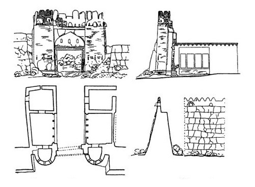 Бухара. Ворота Шейх-Джалаль, XVI в. Фасад, план, разрез. Разрез и фрагмент фасада городской стены