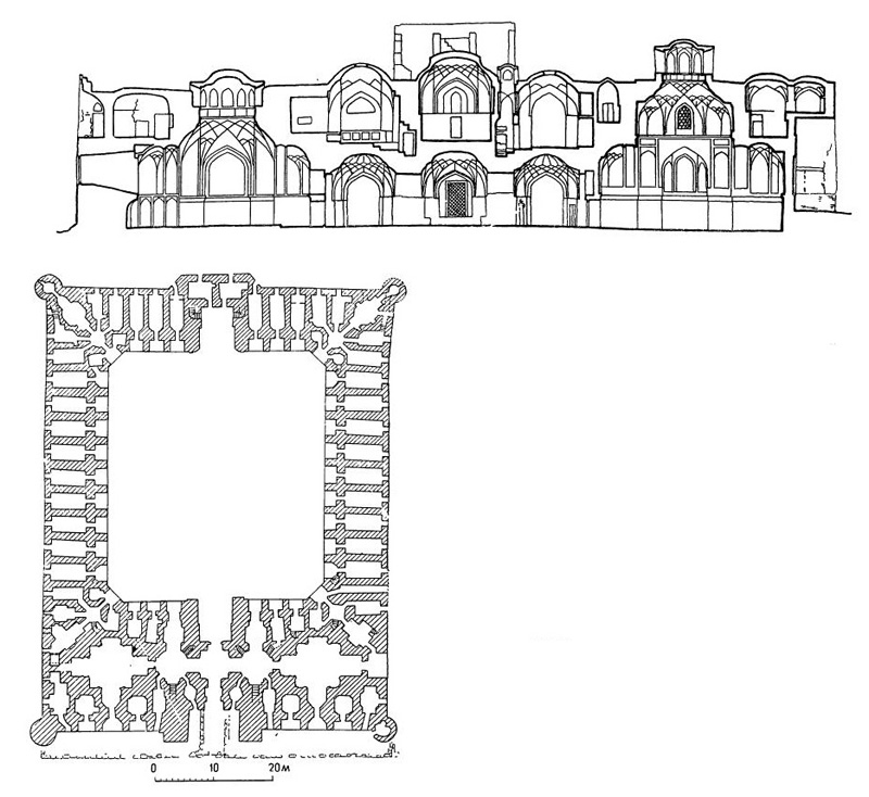 Бухара. Медресе Кукельдаш, 1568—1569 гг. Разрез фасадной части, план