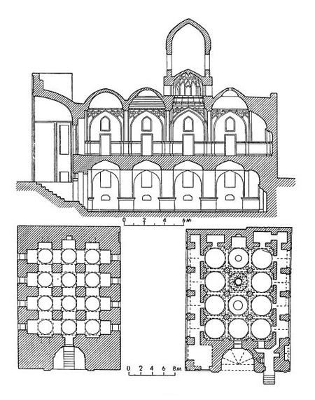 Бухара. Мечеть Магоки-курпа, 1637 г. Разрез, планы 1-го и 2-го этажей