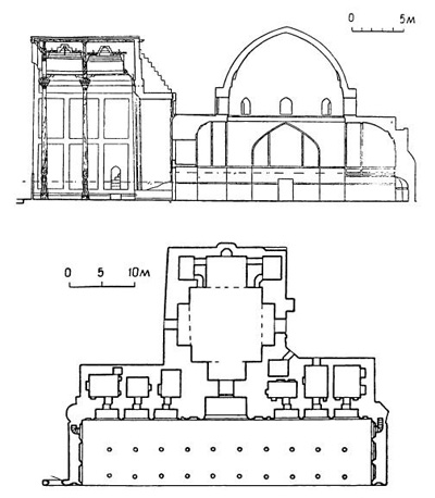 Бухара. Мечеть Боло-хауз, 1712 г. Разрез, план 1-го этажа