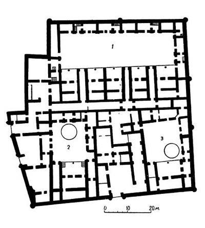 Хива. Таш-хаули. Дворец Алла-Кули-хана, 1830—1838 гг. План: 1 — харам; 2 — Арз-хаули; 3 — Ишрат-хаули