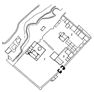 Хива. Куня-Арк. План ансамбля: 1 — Куриныш-хана; 2 — мечеть и монетный двор; 3 — гарем