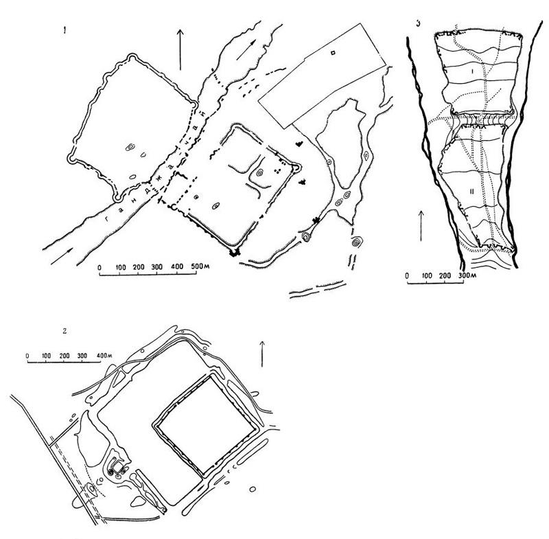 Планы средневековых городищ: 1 — Старой Ганджи; 2 — Орен-кала (Байлакан); 3 — Кабалы; I — Сельбир; II — Гяур-кала