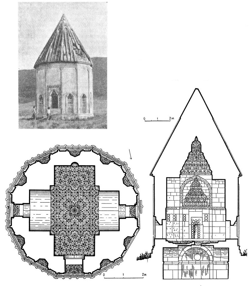 Сел. Хачин-Дорбатлы. Мавзолей, 1314 г. Общий вид, план, разрез