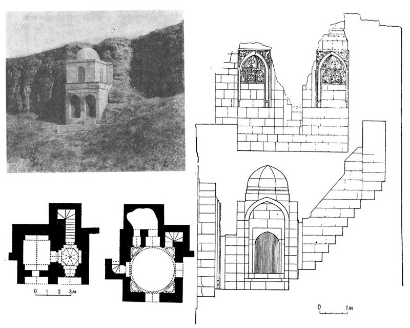 Мавзолей Дири-баба, близ Шемахи, 1402 г. Общий вид после реставрации, планы I и II этажей, разрез