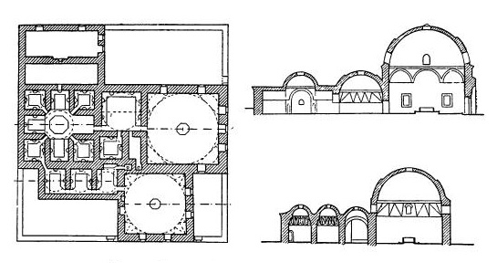 Бурса. Баня Орхан-бея, 30-е годы XIV в. План, разрезы (реконструкция)