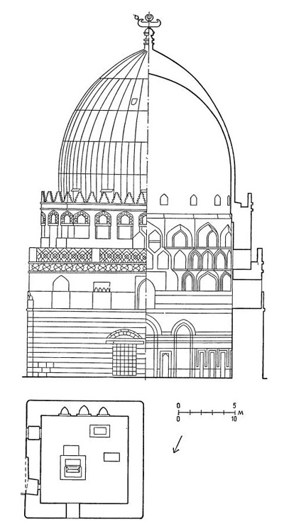 Каир. Мавзолей аш-Шафия, 1212 г. Фасад, разрез, план