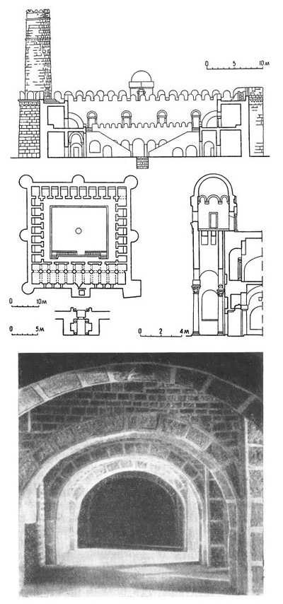 Сус. Рибат, 821 г. Разрез (реконструкция), план; план и разрез входа, интерьер мечети