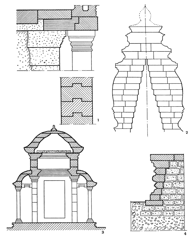 6. Конструктивные схемы кхмерских сооружений: 1 — соединение квадратов; 2 — ложный свод; 3 — крестовая галерея; 4 — решение фундаментов (по данным обмеров А. Маршаля)