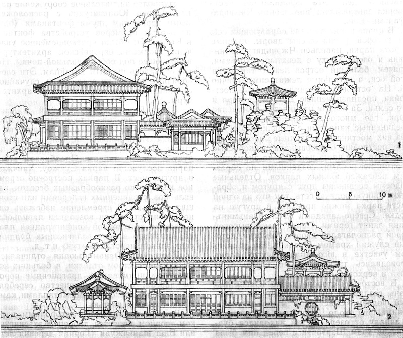 148. Чэндэ. Загородный дворец Жэхэсингун. Павильон Яньюйлоу: 1 — западный фасад; 2 — северный фасад