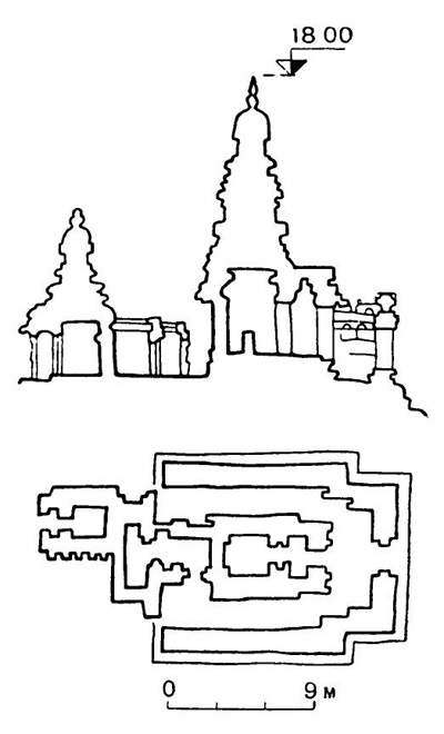 25. Мамаллапурам. Прибрежный храм, VII в. План, разрез