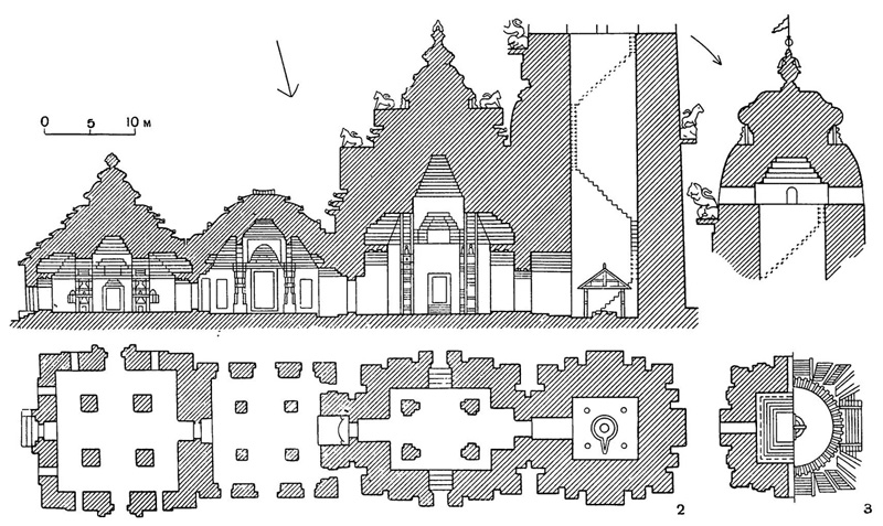33. Бхубанешвар. Храм Лингараджи, около 1000 г.: 2 — план и продольный разрез; 3 — шикхара; план и разрез