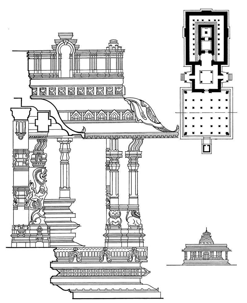 48. Виджаянагар. Храм Ачутия Ройял. План, фасад и деталь мантапам