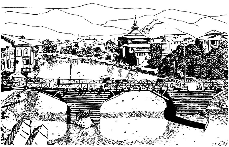 98. Сринагар. Деревянный мост и вид на мечеть, XVII в.