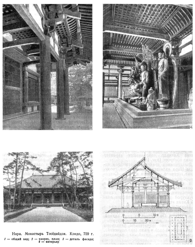 19. Нара. Монастырь Тосёдайдзи. Кондо, 759 г. 1 — общий вид; 2 — разрез, план; 3 — деталь фасада; 4 — интерьер