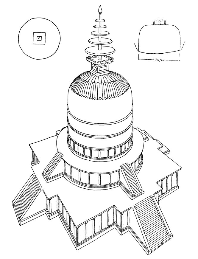 Топи-Рустем в Балхе, предположительно II в. (общий вид, реконструкция); близ Айбака, предположительно V в. (план и фасад)
