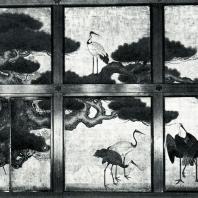 Ватанабэ Рёкэй. Сосны и журавли. Настенная роспись. Начало XVII в. Нисихонгандзи, Киото