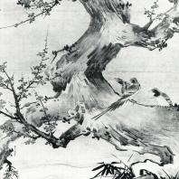 Кано Эйтоку. Пейзаж с цветами и птицами. Настенная роспись. Деталь. 1566. Дзюко-ин, Дайтокудзи. Киото