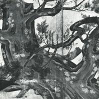 Кано Эйтоку. Кипарис. Роспись ширмы. Деталь. Конец XVI в. Национальный музей, Токио