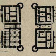 Таджикистан. Термез. Планы руин Кырк-кыз (до-монгольскан эпоха). Слева — I этаж. Справа — II этаж по коридорам и план сводов.