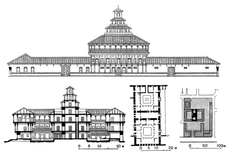 Барода. Дворец Бхаскаррао Витхала, 1808 г. План комплекса, фасад главного здания, план первого этажа, продольный разрез