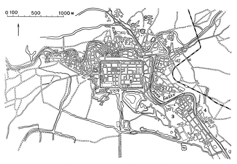 Тяньцзинь. План, конец XIX — начало XX вв.: 1—4 — иностранные концессии; 5 — китайский город