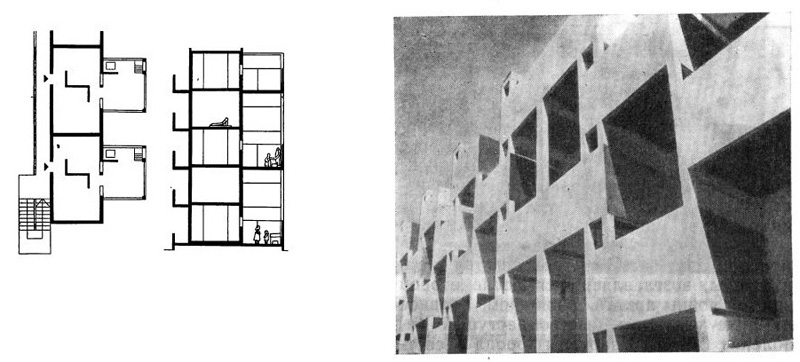 Марокко. Касабланка. Жилые дома для местного населения, 1952—1954 гг. Архитекторы Ж. Кандилис, Ш. Вудс. План, разрез, вид с улицы