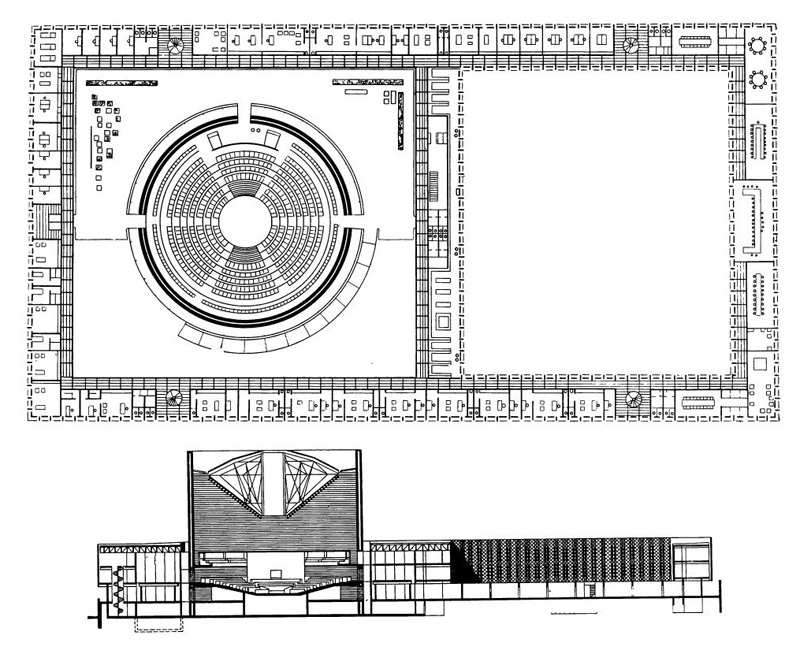 Исламабад. Проект здания Парламента, 1961 г. Арх. А. Якобсен. План, разрез