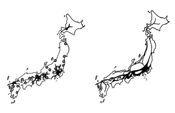 Проект новой системы расселения для Японии. «Токайдо Мегалополис», 1965 г. Арх. К. Танге. Существующая и новая системы расселения