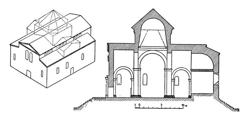 Текор. Церковь Саркиса, IV—V вв. Аксонометрия внешнего вида и продольный разрез. По Т. Тораманяну