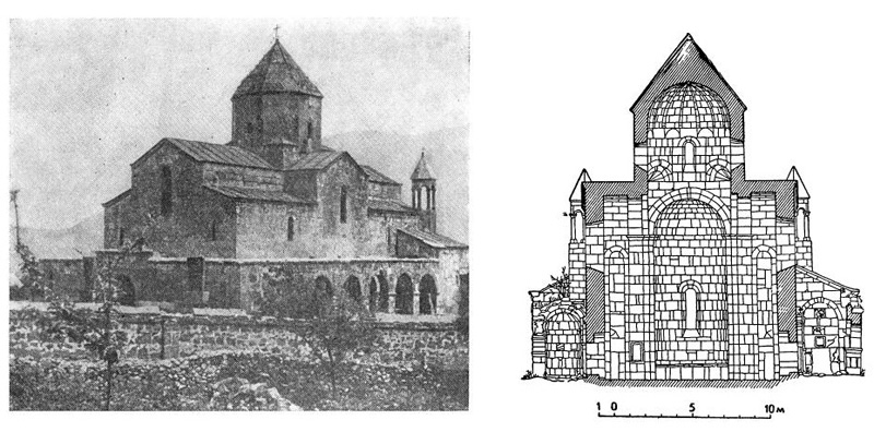 Узунлар (древний Одзун). Базилика, VI—VII вв. Общий вид с юго-запада и поперечный разрез